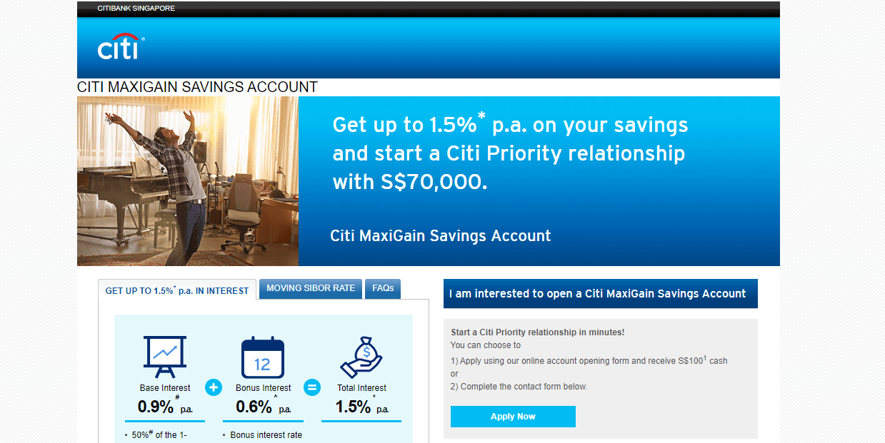 Citi MaxiGain Savings Account's Page