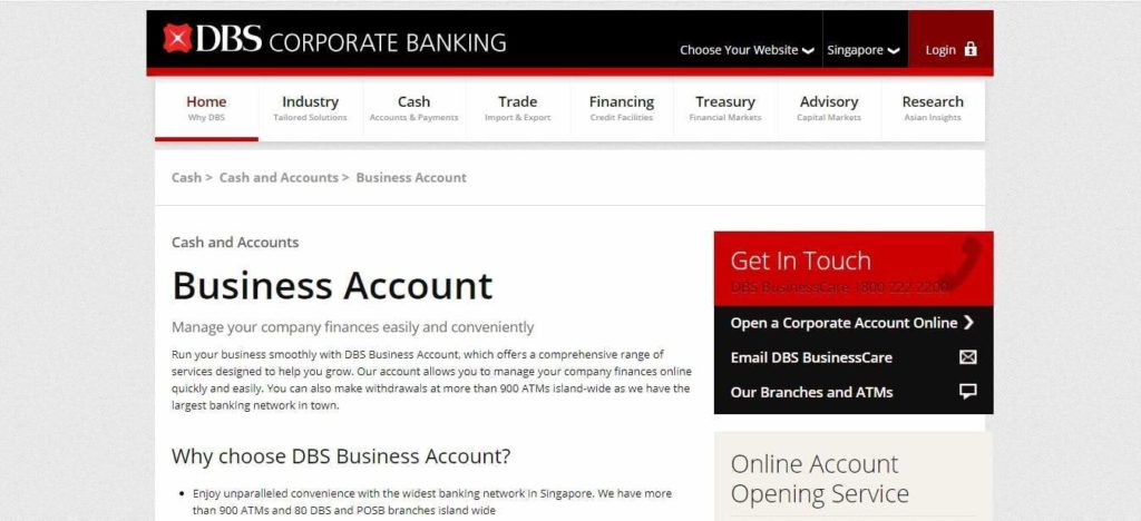 DBS Business Account's Homepage