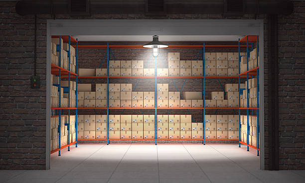 Open self storage unit full of cardboard boxes. 3d rendering