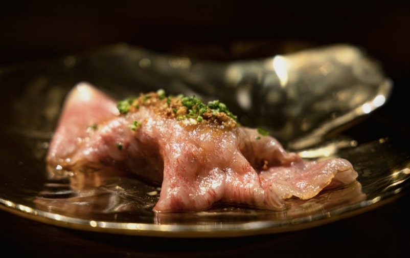 Premium Japanese Wagyu on a gold plate