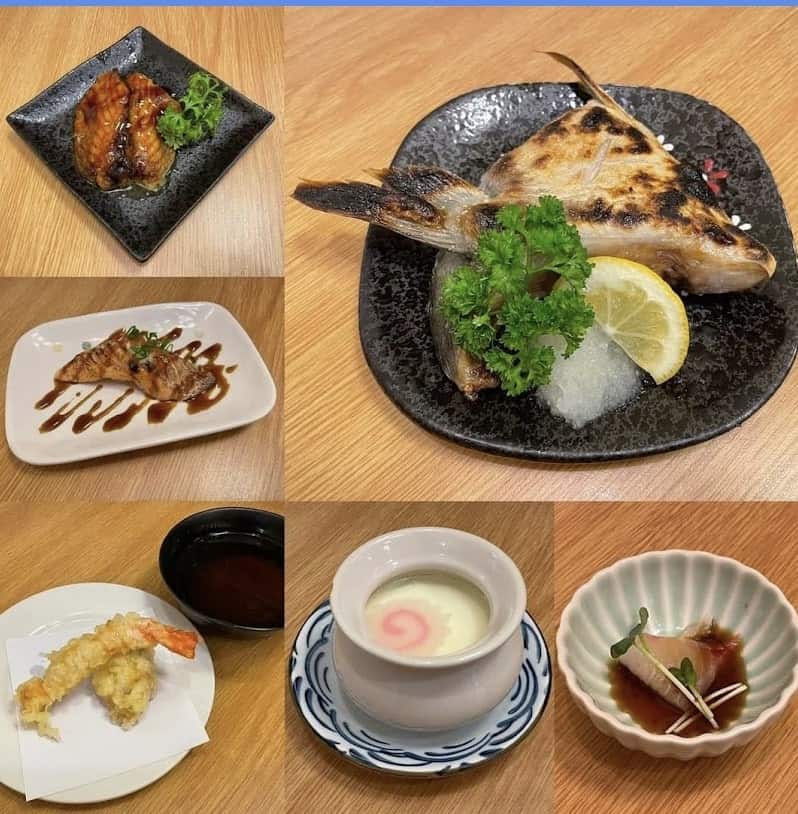Assorted plates of seafood, egg custard, tempura, and fish